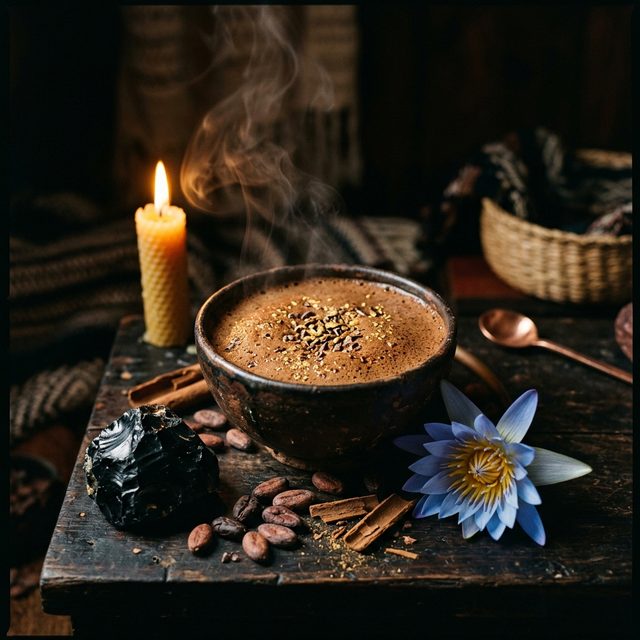 Artisanal ceremonial cacao bowl with obsidian stone and steam