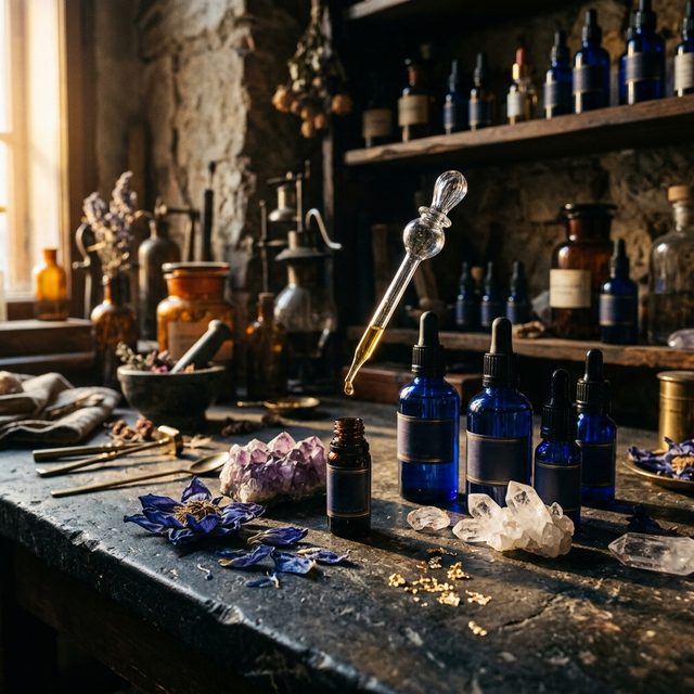 Alchemical perfumery atelier table with blue lotus essence and crystal pipettes